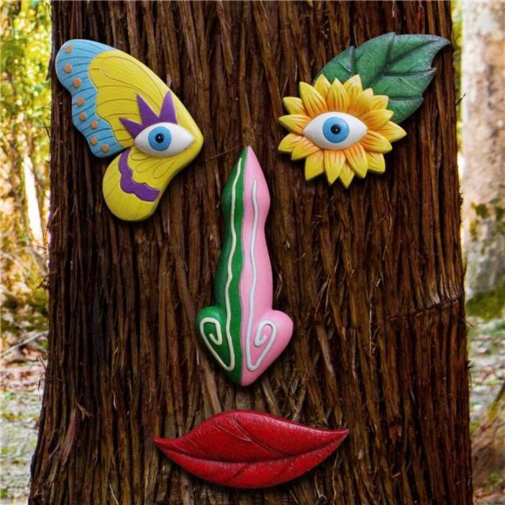 Tree Faces Decor Outdoor,Funny Tree Faces Sculpture,Colorful Fence Decorations